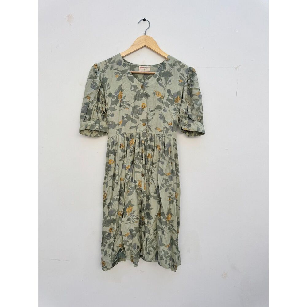Bombay Paisley Sage Green Floral Puff Sleeve Midi Dress Size XS